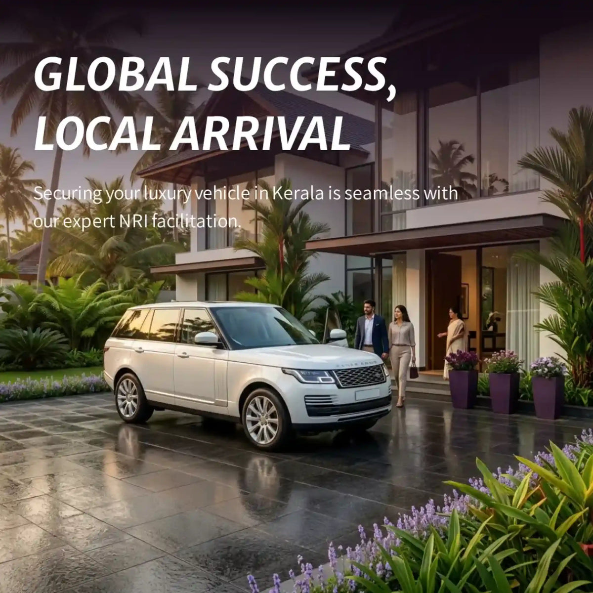 White luxury SUV outside a modern home, promoting NRI vehicle loan facilitation in Kerala.