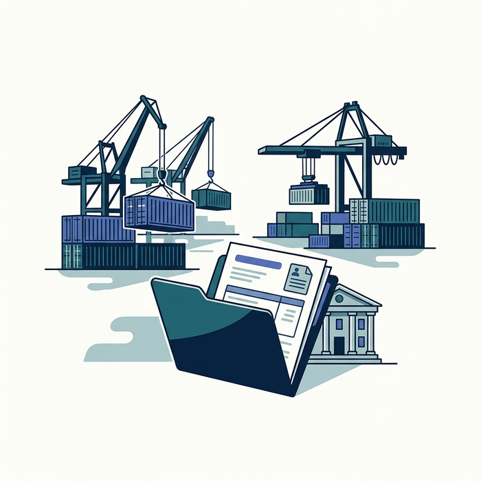 Illustration of two cargo terminals with container cranes, a document folder and a bank building.