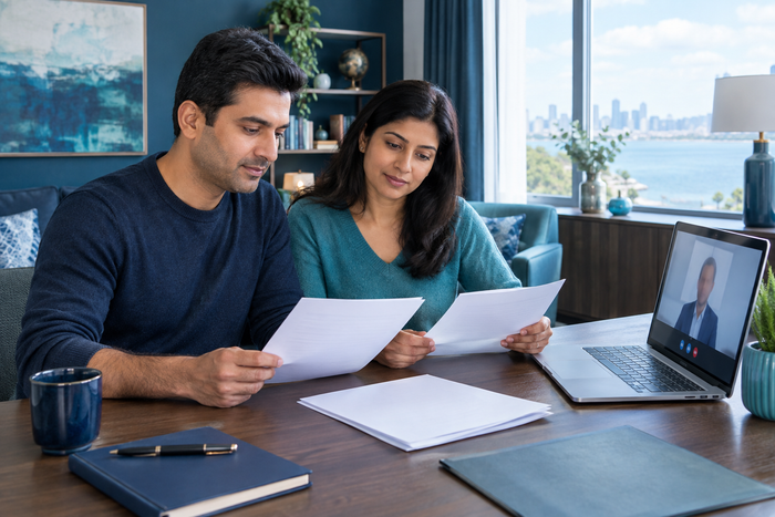 AI-generated illustrative scene of Indian-origin adults reviewing documents during a remote planning consultation.