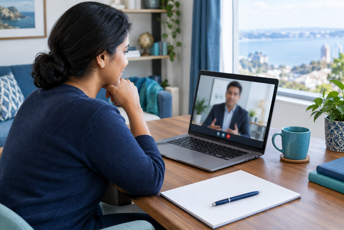 AI-generated illustration of an Indian-origin adult discussing will planning through a laptop video call.