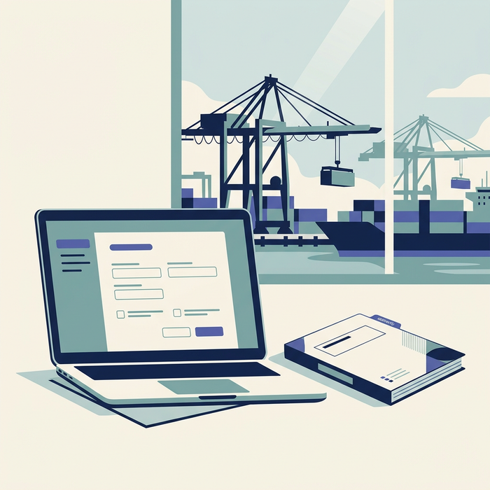 Laptop with an illustrative registration form and document folder overlooking container cranes and a cargo ship.
