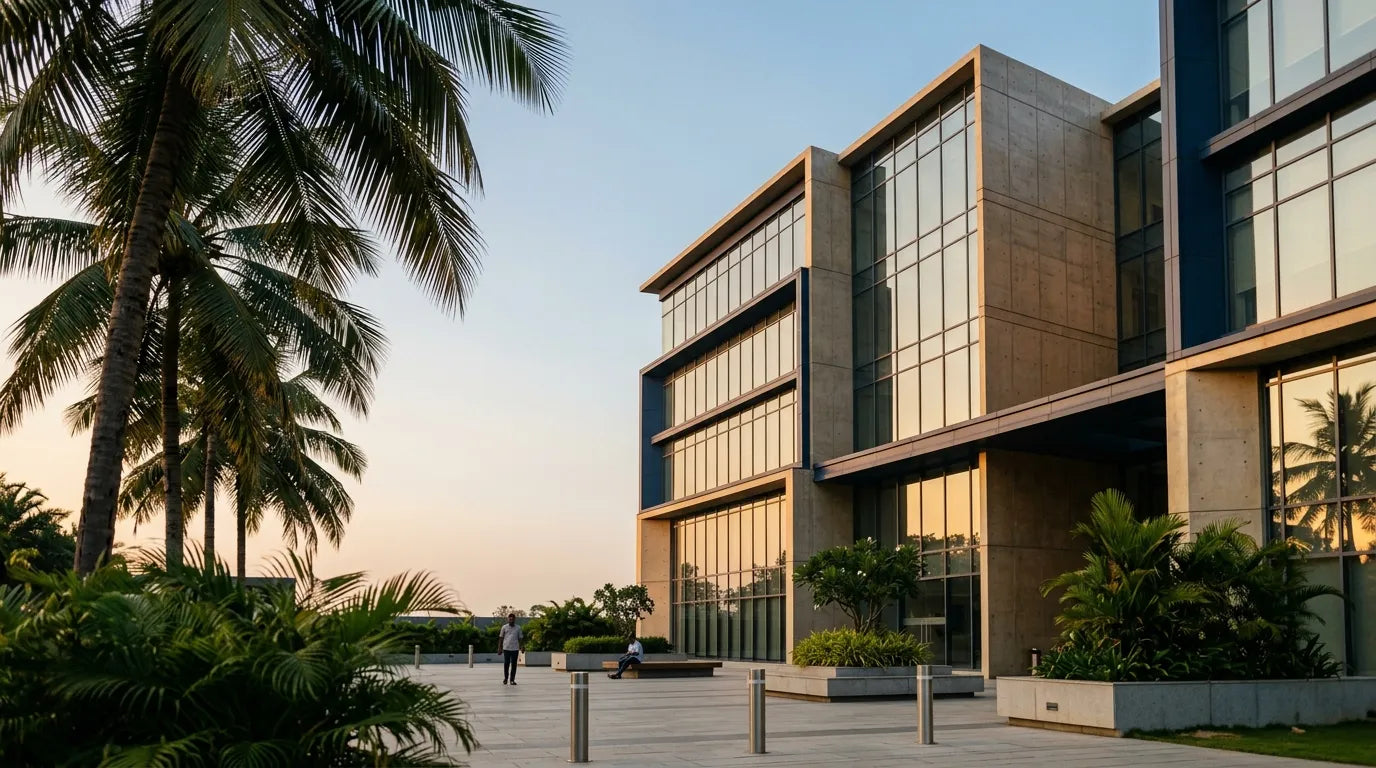 Modern commercial building with landscaped forecourt in Kochi, Kerala